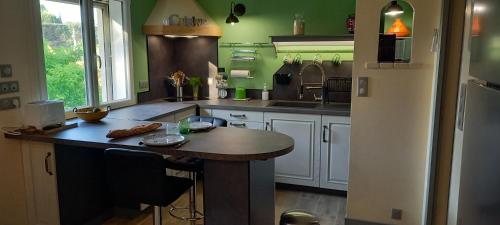 - une cuisine avec des murs verts et un comptoir en bois dans l'établissement Logement lumineux, entièrement rénové avec jardin, à Caumont-sur-Durance