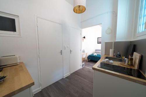 une cuisine avec un évier et un plan de travail dans l'établissement AppartUnique - Chez Layette, à Vichy
