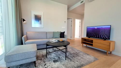 a living room with a couch and a flat screen tv at Park Premium Apartments in Birštonas