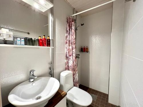 a bathroom with a sink and a toilet and a shower at Hotel Hospitz in Savonlinna