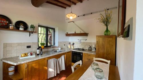 a kitchen with a table and a counter top at Podere Montese Country House in San Gimignano