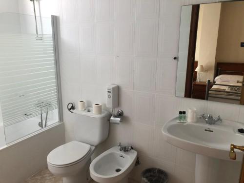 a white bathroom with a toilet and a sink at HOTEL EL COMENDADOR in Fuente Obejuna