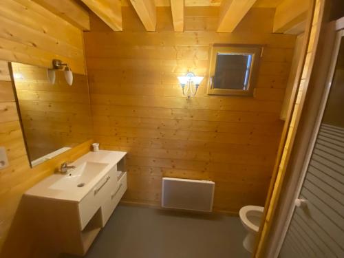 baño con paredes de madera, lavabo y espejo en Chalet exposition plein sud, en Xonrupt-Longemer