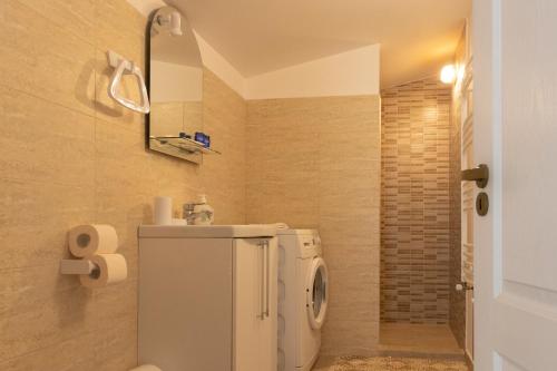 Un baño pequeño con lavabo e inodoro. en Cozy Apartments, en Timisoara