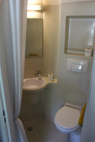 a bathroom with a sink and a toilet and a mirror at Gite l'Aiguillette du Lauzet in Le Monêtier-les-Bains