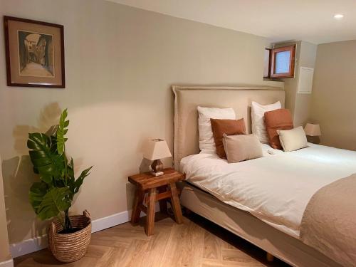 une chambre avec un lit et une plante en pot dans l'établissement Le Mouron Rouge, à La Garde-Freinet