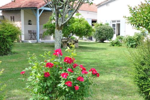 une brousse de roses rouges devant une maison dans l'établissement CLOS SAINT SAUVEUR - guesthouse au coeur des vignes sur le coteau, à Saint-Pierre-dʼAurillac