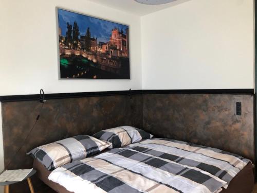 Bett in einem Zimmer mit einem Bild an der Wand in der Unterkunft Haus Wieser in Lienz