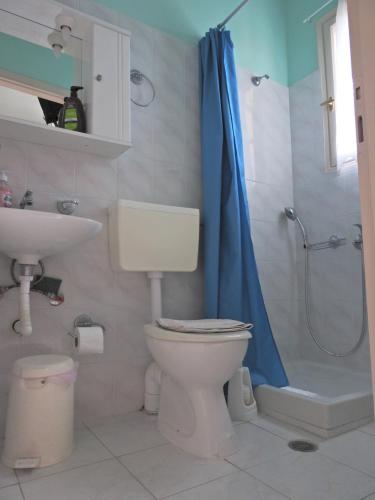 a bathroom with a toilet and a shower and a sink at ChiosRoomsMaria in Armólia