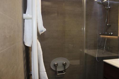 a bathroom with a shower with a glass door at Apartamentos Zarautz Playa2, con piscina y garaje in Zarautz