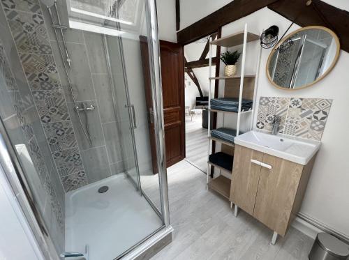 een badkamer met een douche, een wastafel en een spiegel bij Appartement Le Saint haut Centre ville à Saint-Omer in Saint-Omer