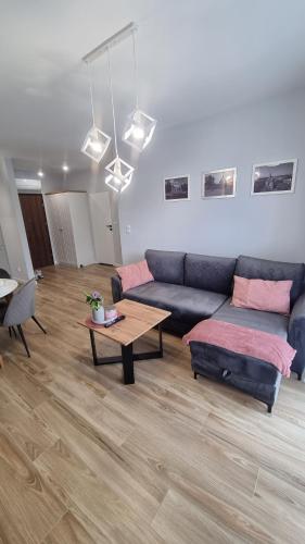 a living room with a couch and a coffee table at APARTAMENT De Lux Parkowa Olecko in Olecko