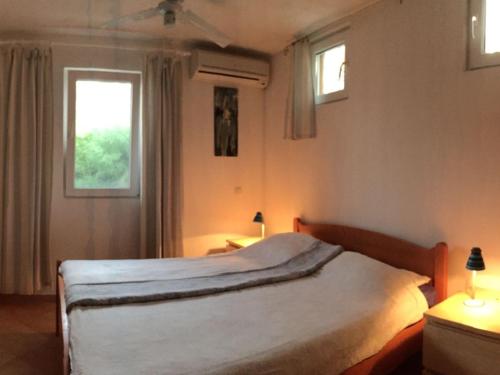ein Schlafzimmer mit einem Bett und zwei Fenstern in der Unterkunft Casa Poseidon in Zarače