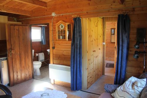 a bathroom with a toilet in a wooden cabin at Haus Seerobbe-Blockhaus im Garten in Fehmarn