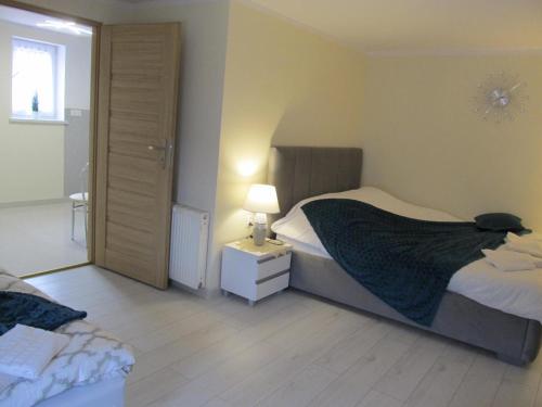 ein Schlafzimmer mit einem Bett und einer Lampe auf einem Nachttisch in der Unterkunft Apartamenty Anagora Kotlina Kłodzka II in Nowa Ruda