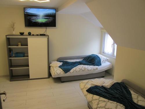 a bedroom with two beds and a tv on the wall at Apartamenty Anagora Kotlina Kłodzka II in Nowa Ruda