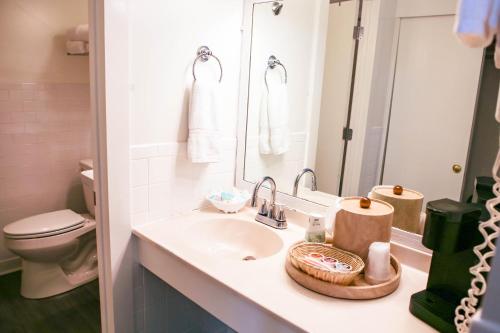 a bathroom with a sink and a toilet and a mirror at Waterside Inn in Chincoteague