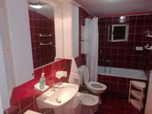 a bathroom with a white sink and a toilet at Pine Apartment in Gevgelija