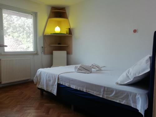 a bedroom with a bed with a light on it at Pine Apartment in Gevgelija