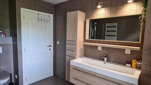 a bathroom with a sink and a mirror at L'Antre Parenthèse de Sainte-Cécile in Florenville