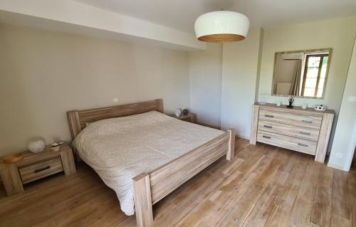 a bedroom with a bed and a dresser and a mirror at L'Antre Parenthèse de Sainte-Cécile in Florenville