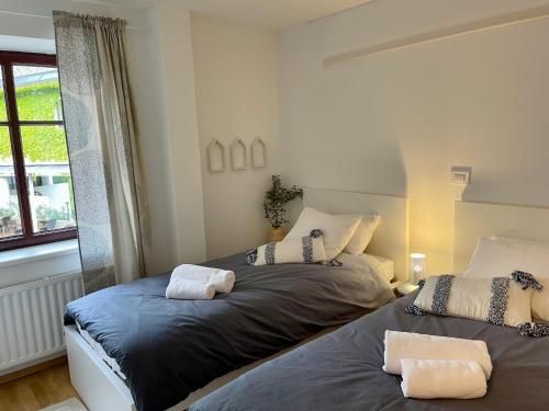 - une chambre avec 2 lits et une fenêtre dans l'établissement Apartma Bovec Center, à Bovec