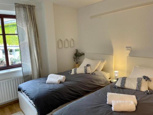a bedroom with two beds and a window at Apartma Bovec Center in Bovec