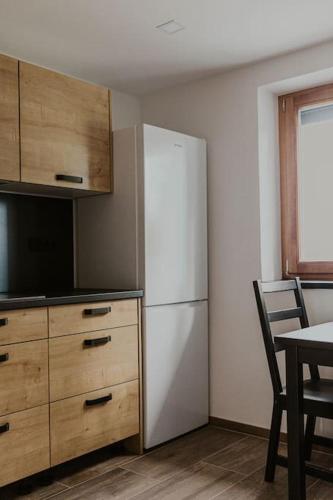 a kitchen with a white refrigerator next to a table at Haloze na dlani - Haloze in your hand, hiša s pogledom na hribe - a house vith a view of hills in Gruškovec
