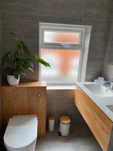 uma casa de banho com um WC, uma janela e um lavatório. em Sea Breeze Apartment Skegness em Skegness