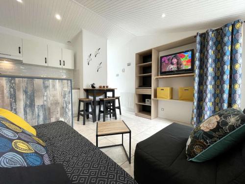 Il comprend un salon doté d'un canapé et d'une télévision. dans l'établissement Petite maison rénovée près de la mer avec piscine chauffée, tennis et patio - Bretignolles-sur-Mer - FR-1-224A-55, à Bretignolles-sur-Mer