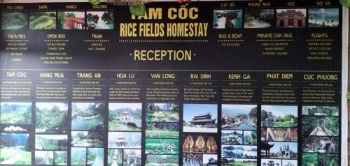 een menukaart van een restaurant met een heleboel foto's bij Tam Coc Rice Fields Homestay in Ninh Binh