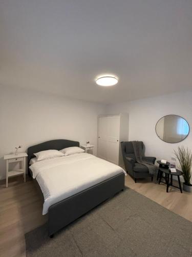 um quarto com uma cama, um sofá e uma cadeira em La Cupric em Sarichioi