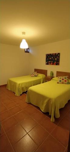 two beds in a room with yellow sheets at La casa de Cristal in Goyán