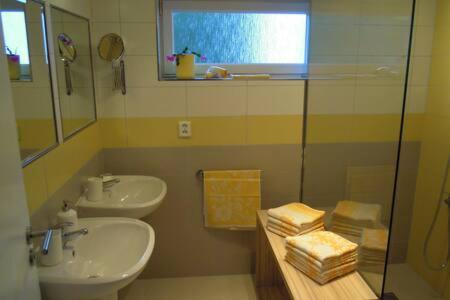 a bathroom with a sink and a glass shower at Luxury apartment fireplace + sauna in Stará Paka
