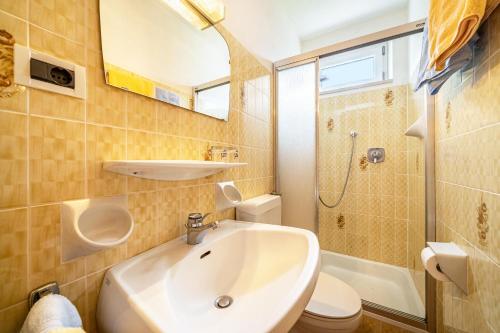 een badkamer met een wastafel, een toilet en een douche bij Rotsteinhof Apartement Sonnenschein in Verano