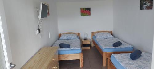 um quarto com 2 camas e uma mesa de madeira em 100 éves Présház em Badacsonyörs