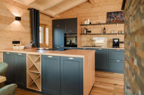 a kitchen with blue cabinets and a wooden ceiling at Fichtelchalet Bischofsgrün in Bischofsgrün