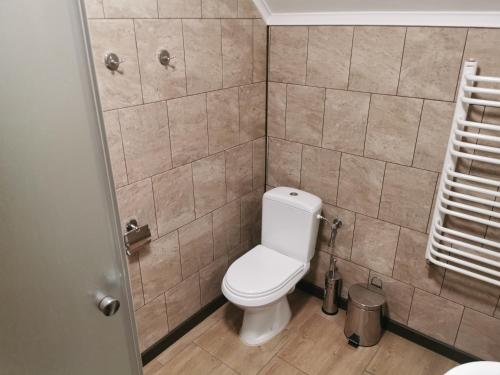 a bathroom with a toilet and a tiled wall at Zakole Sanu in Dubiecko