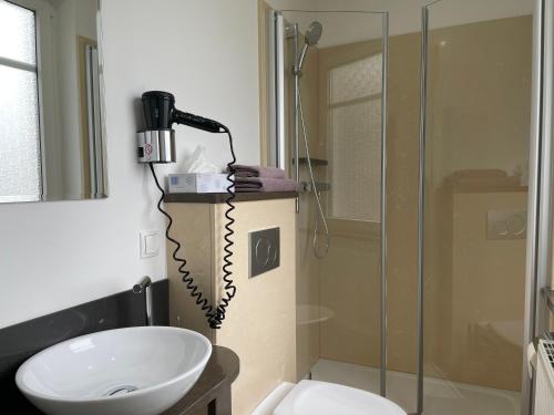 a bathroom with a sink and a shower at Hotel Schwarzes Ross in Ganderkesee