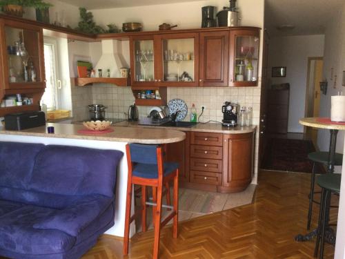 a kitchen with wooden cabinets and a kitchen island with blue chairs at Promajna apartman in Promajna