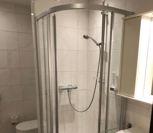 y baño con ducha, aseo y lavamanos. en See-Hotel Post am Attersee en Weissenbach am Attersee