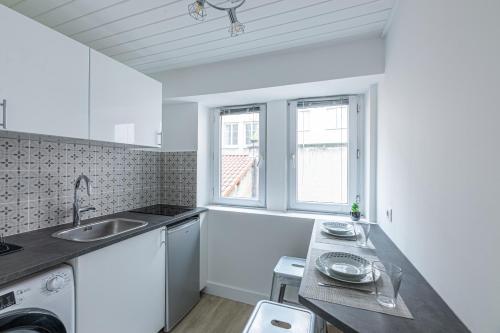 a kitchen with a sink and a washing machine at HONORÊ SUITE FERRANDIERE in Lyon