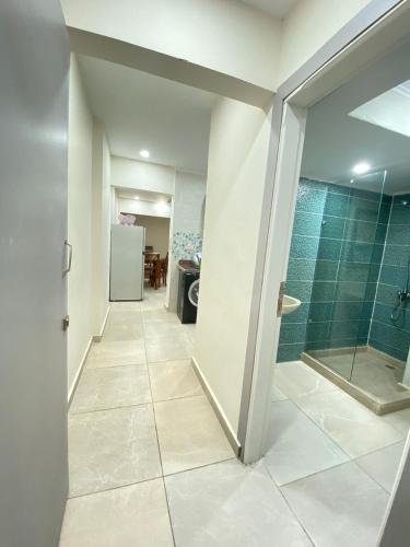 a bathroom with a walk in shower and a glass door at Zafero Studios and Apartments - Families only in Alexandria