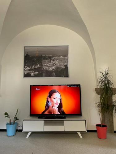 TV de pantalla plana en la parte superior de una mesa en Apartman I Ubytovani v centru Jihlavy en Jihlava