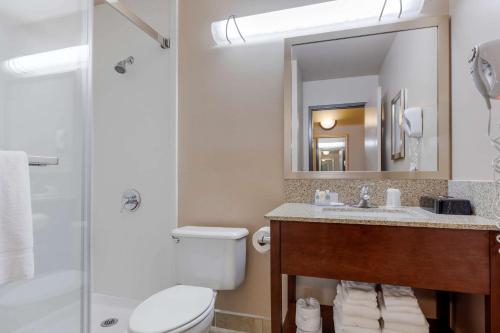 a bathroom with a toilet and a sink and a mirror at Comfort Inn & Suites Boulder in Boulder