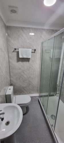 ein Bad mit einem WC, einem Waschbecken und einer Dusche in der Unterkunft Level Inn in Ebbw Vale