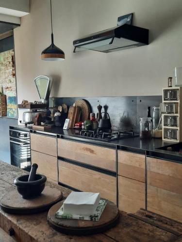 Gîte l'Atelier agréable maison de ville avec cour intérieure في سانت هوبيرت: مطبخ مع موقد و كونتر توب