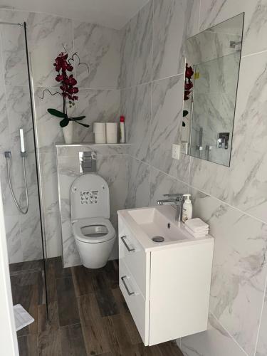 Baño blanco con aseo y lavamanos en VILLA DE VACANCES AVEC JARDIN PRIVÉ, en La Gaude