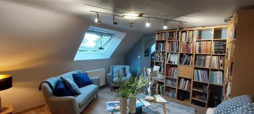 a living room with a couch and book shelves with books at La Lézardière in Pleugriffet