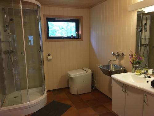 a bathroom with a shower and a toilet and a sink at Reinunga Eco-hytta in Myrdal